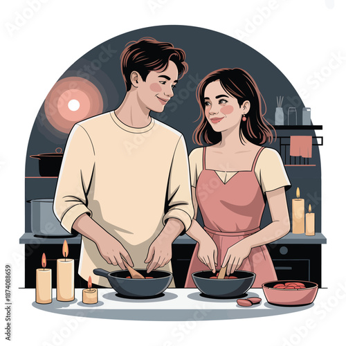 A young couple enjoying a romantic evening together while preparing a delicious meal in their cozy kitchen