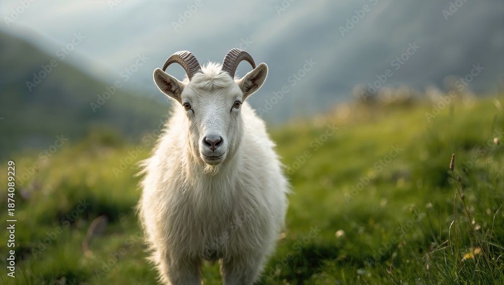 Fototapeta premium Wild mountain goat with prominent horns in a natural meadow, focusing on wildlife preservation, World Wildlife Day