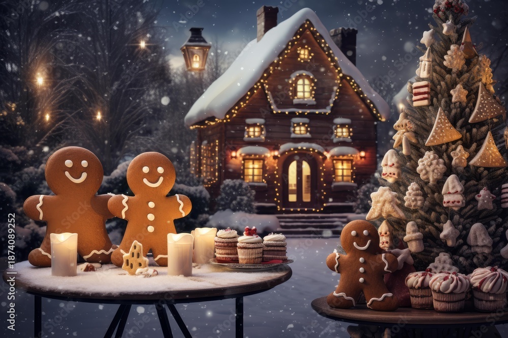 Fototapeta premium Gingerbread men standing on tables with candles and desserts next to a decorated christmas tree and cozy cottage