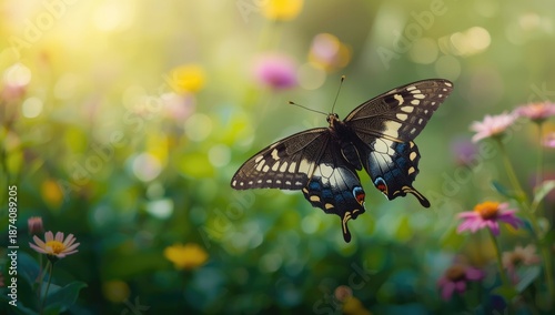Black Swallowtail butterfly with three wings visible, focusing on natural beauty in a spring garden, World Butterfly Day