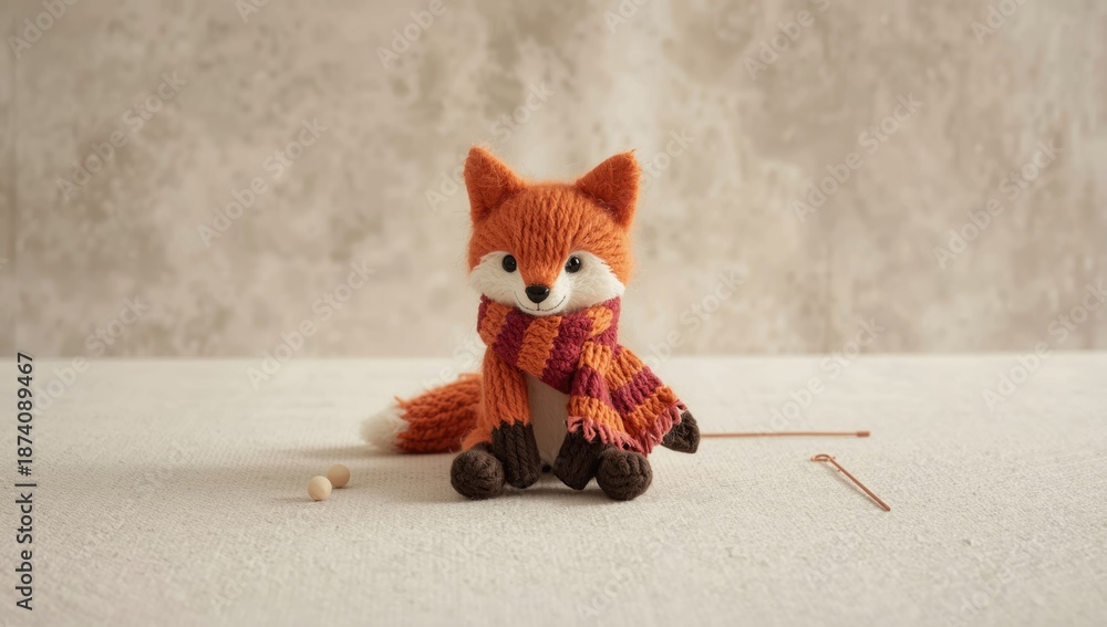 Fototapeta premium Felted soft toy fox in a warm scarf, highlighting craft therapy for psychological health, World Mental Health Day