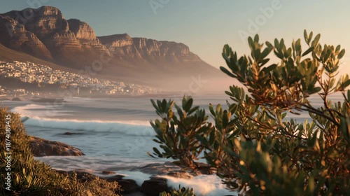 Ocean waves crashing on the coast with table mountain in the background during a golden sunset