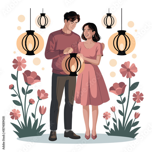 A loving couple shares a special moment holding a traditional lantern amidst blooming flowers