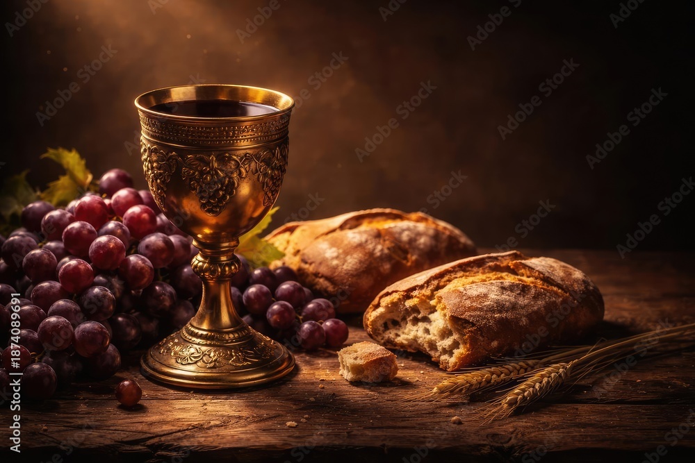 Fototapeta premium Sacred drink chalice with bunches of grapes and holy bread plus copy space
