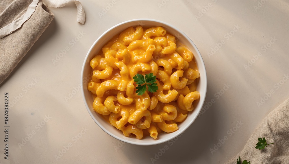 Naklejka premium Classic American comfort dish of mac and cheese in a white bowl, highlighting cheesy richness and home-style cuisine