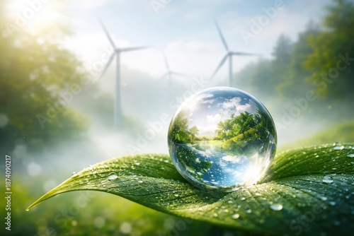 Representation of a sustainable planet with a crystal sphere on a leaf and a misty wind turbine backdrop