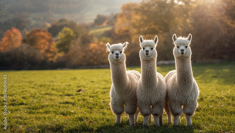 Naklejka premium Cute llamas resting in the countryside, rural setting, animal behavior, outdoor scene, wildlife photography