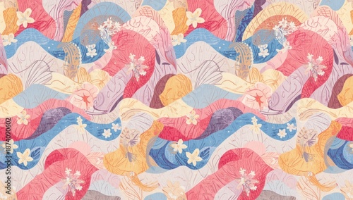 Colorful waves and white flower motifs in a retro psychedelic design, ideal for spring themed layouts