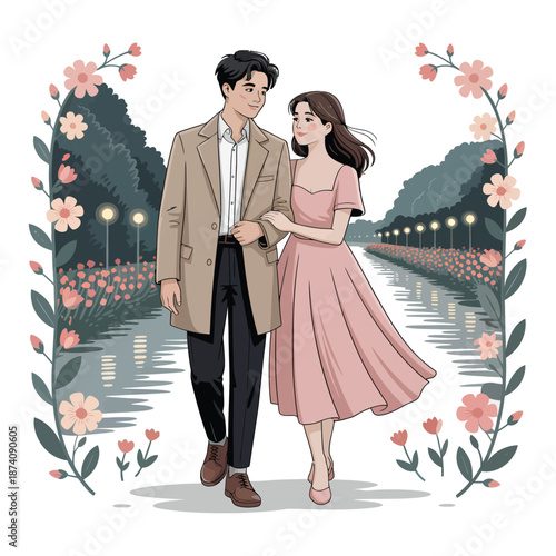 A charming couple's romantic stroll through a beautifully illuminated park at dusk