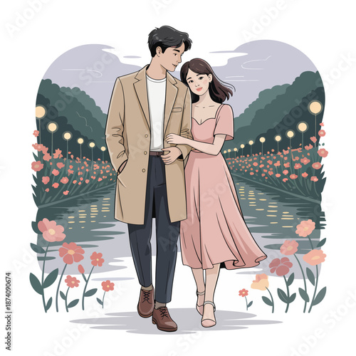 A romantic evening stroll for a loving couple by a picturesque canal with glowing lights and blooming flowers