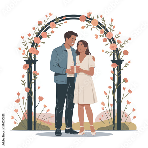 A happy couple celebrates a special moment, exchanging a gift under a beautiful floral archway