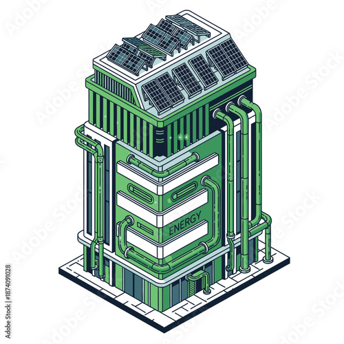 Isometric Green Energy Power Plant Building with Solar Panels.