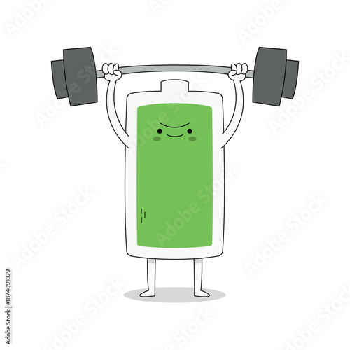 Cute green full battery cartoon character lifting weight barbell doodle
