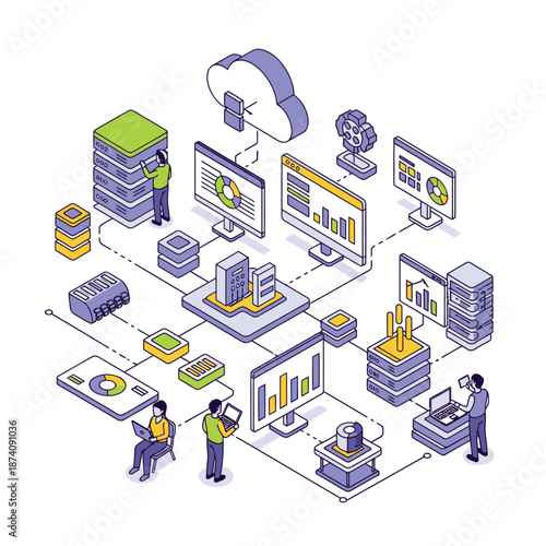 Isometric illustration of a complex data network and cloud computing system.