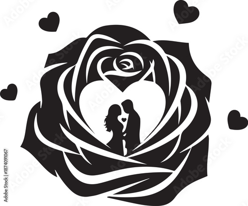 Valentines day love rose silhouette with hearts