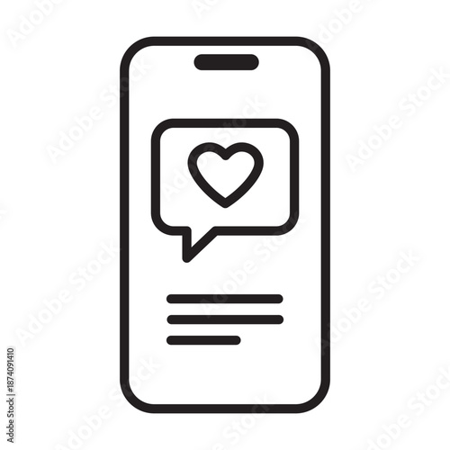 Minimalist vector illustration of a smartphone screen with a heart notification. Perfect for dating apps, online romance, and Valentine's Day digital marketing. Clean black outline design.