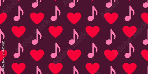 Valentine's Day seamless pattern with red hearts and music notes. Romantic melody background with festive ornaments on dark burgundy. Flat vector illustration.