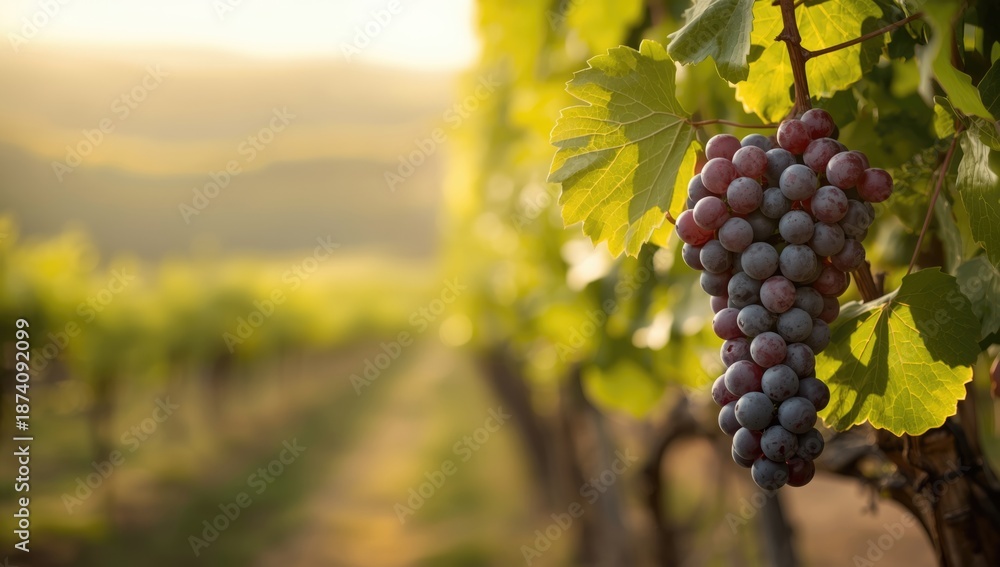Fototapeta premium Cluster of Pinot Noir grapes ripening on the vine, highlighting viticulture practices