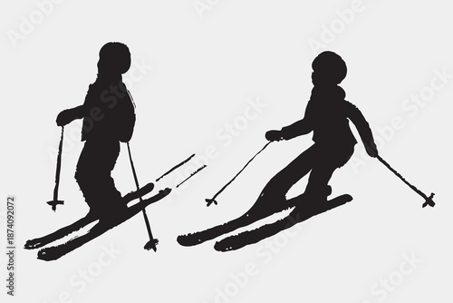 Hand drawn silhouette of two skiers in motion. Alpine winter sport. Vector sketch illustration in vintage crayon charcoal style. Skiing, snow slope
