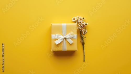 Decorative gift box tied with white ribbon and chamomile flowers on vibrant yellow surface, suitable for festive events © The 2R Artificiality