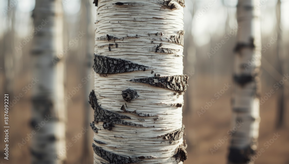 Fototapeta premium Close-up of birch bark surface serving as a textured backdrop for nature-themed layouts