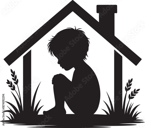 MobileVulnerable child silhouette in broken home represents homelessness, poverty, social issues, and child welfare