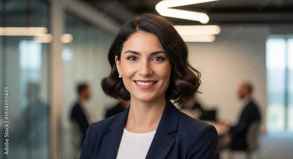 Fototapeta premium Smiling Businesswoman Standing in Modern Office Environment with Colleagues in Background