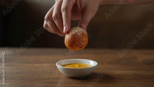 Contemporary savory treat named Brulee Bomb similar in shape to Dutch bitterballen, coated with bread flour, designed for snacking © The 2R Artificiality
