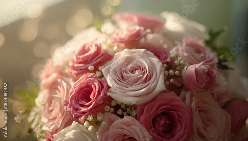 Detailed view of pink, magenta, and white roses, used as a floral decor element in a setting