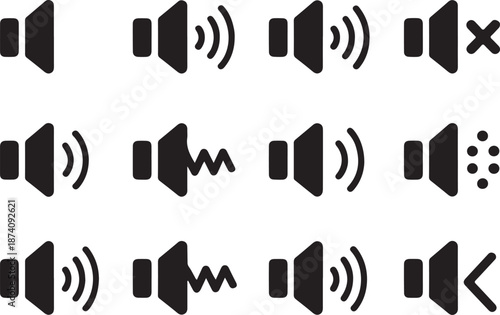 Speaker volume icon pair in outline and solid style with sound waves, audio loudspeaker symbol for media player controls, mobile app buttons, UI UX web design, vector illustration