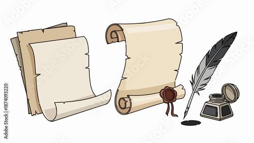 Old parchment paper sheets and rolled scroll with wax seal. Ancient old parchment includes traditional quill pen, inkwell, ready for writing historical texts.