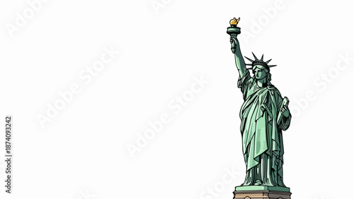 Statue of Liberty illustration, green copper landmark stands on white. American Statue of Liberty monument, symbol of freedom, features torch. Use for travel, education, celebrating Statue of Liberty.