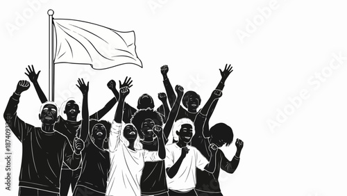 Silhouettes of people engaged in social protest, raising hands and fists, holding blank flag. Unified group advocating for change, standing together in social protest with a crowd.