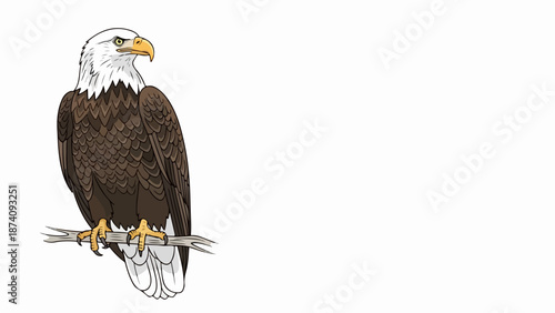 Bald eagle (Haliaeetus leucocephalus) illustration perched on branch, showcasing detailed feathers and keen gaze. Iconic bald eagle portrait highlights white head, dark body, yellow beak.