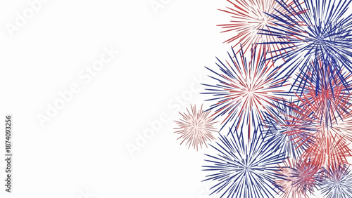 Abstract patriotic fireworks pattern with red, white, blue colors on crisp white background. Stylized patriotic fireworks illustration captures festive bursts, perfect for national holidays.