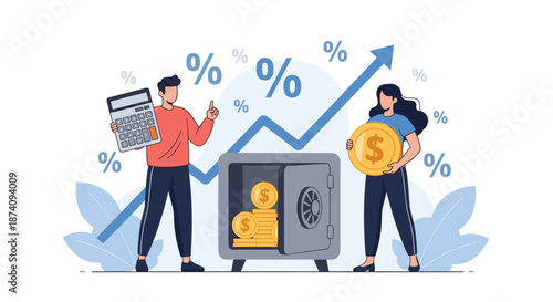 Business man and woman managing finance with safe box full of coins and calculator showing economic growth with rising arrow.
