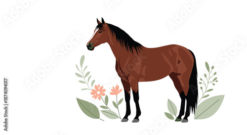 Beautiful brown horse standing gracefully among colorful flowers and green leaves in a nature inspired artistic illustration.