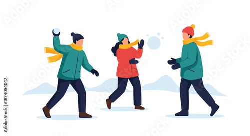 Group of happy people wearing winter clothes playing outdoors and throwing snowballs at each other in snowy mountain landscape.