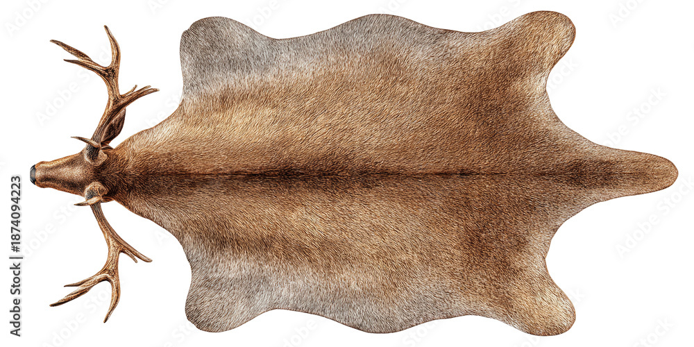 Fototapeta premium Overhead view of a reindeer hide rug with head and antlers against a stark black background