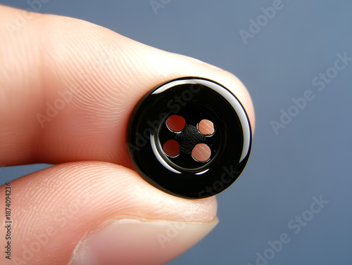 Close-up of Hand Holding a Black Button Against a Muted Blue-Gray Background