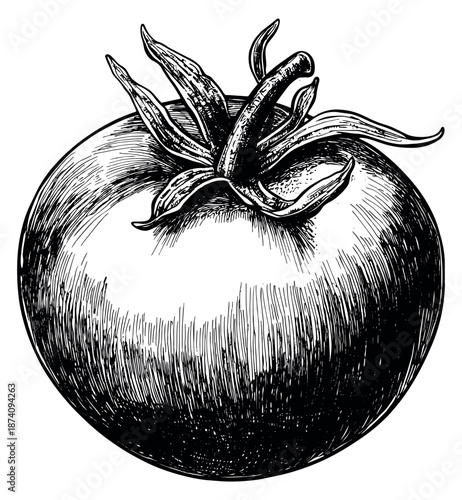 Hand drawn line art illustration of a fresh tomato depicting natural produce for culinary design