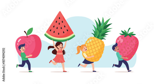 Group of happy children running together and carrying giant oversized fruits like apple watermelon pineapple and strawberry.