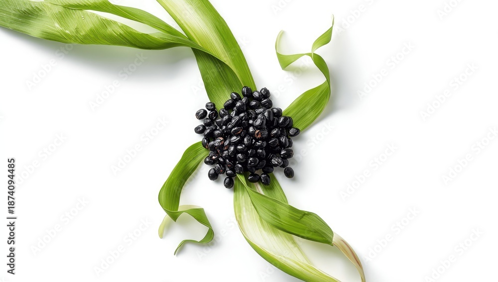 Naklejka premium Unprocessed black corn on a stark white backdrop, ideal for culinary or menu presentation