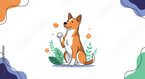 Cute brown and white dog sitting among green leaves and orange flowers with a paw raised on white background illustration.