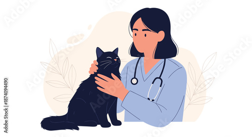 Professional female veterinarian examining a black cat in a clinic with soft nature background patterns in blue uniform.