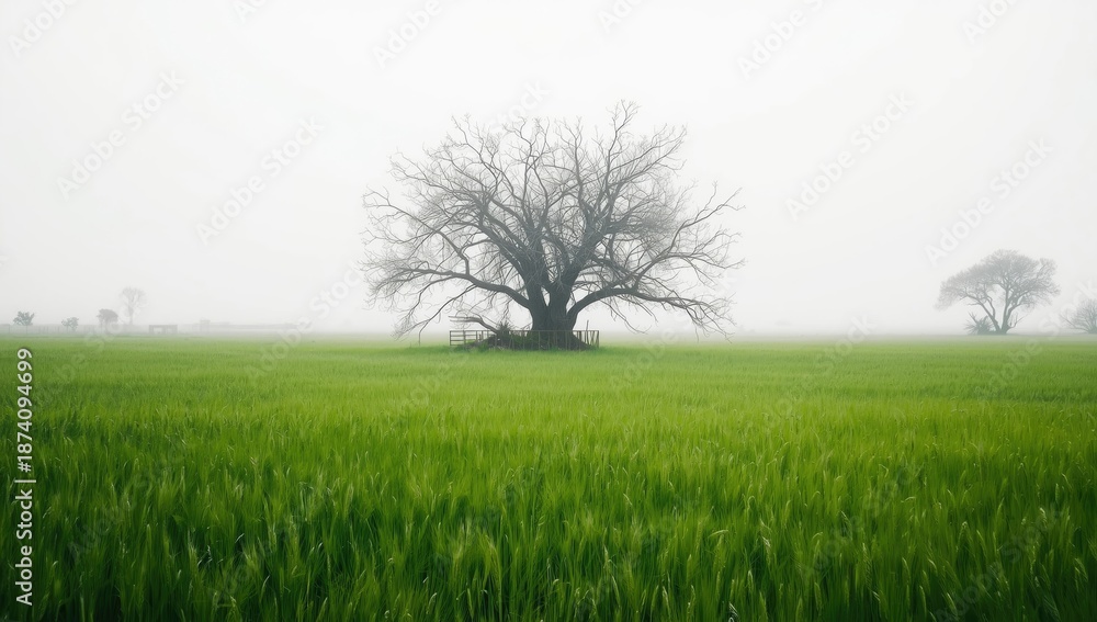Fototapeta premium Winter landscape showing leafless trees in a lush wheat field in India, highlighting seasonal transition and rural scenery