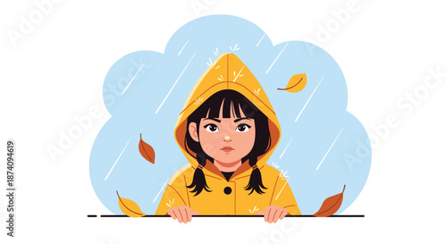 Little girl with pigtails wearing a yellow raincoat and looking out from behind a ledge during a rainy autumn day outdoors.