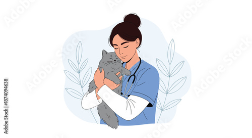 Smiling female veterinarian in blue scrubs gently hugging a fluffy grey cat in a clinic with leaf patterns background.