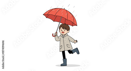 Happy young boy in a raincoat holding a red umbrella and walking in the rain with water drops falling on white background.