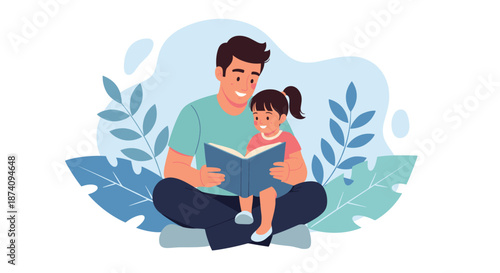 Caring father sitting on the floor and reading a storybook to his young daughter in a cozy room with plant decorations.